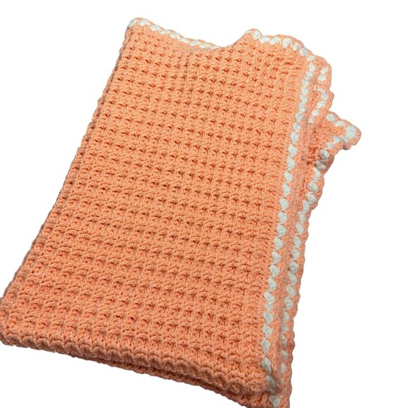 Handmade Peach Crochet Baby Blanket Throw 50 x 34 White Trim - Picture 1 of 4